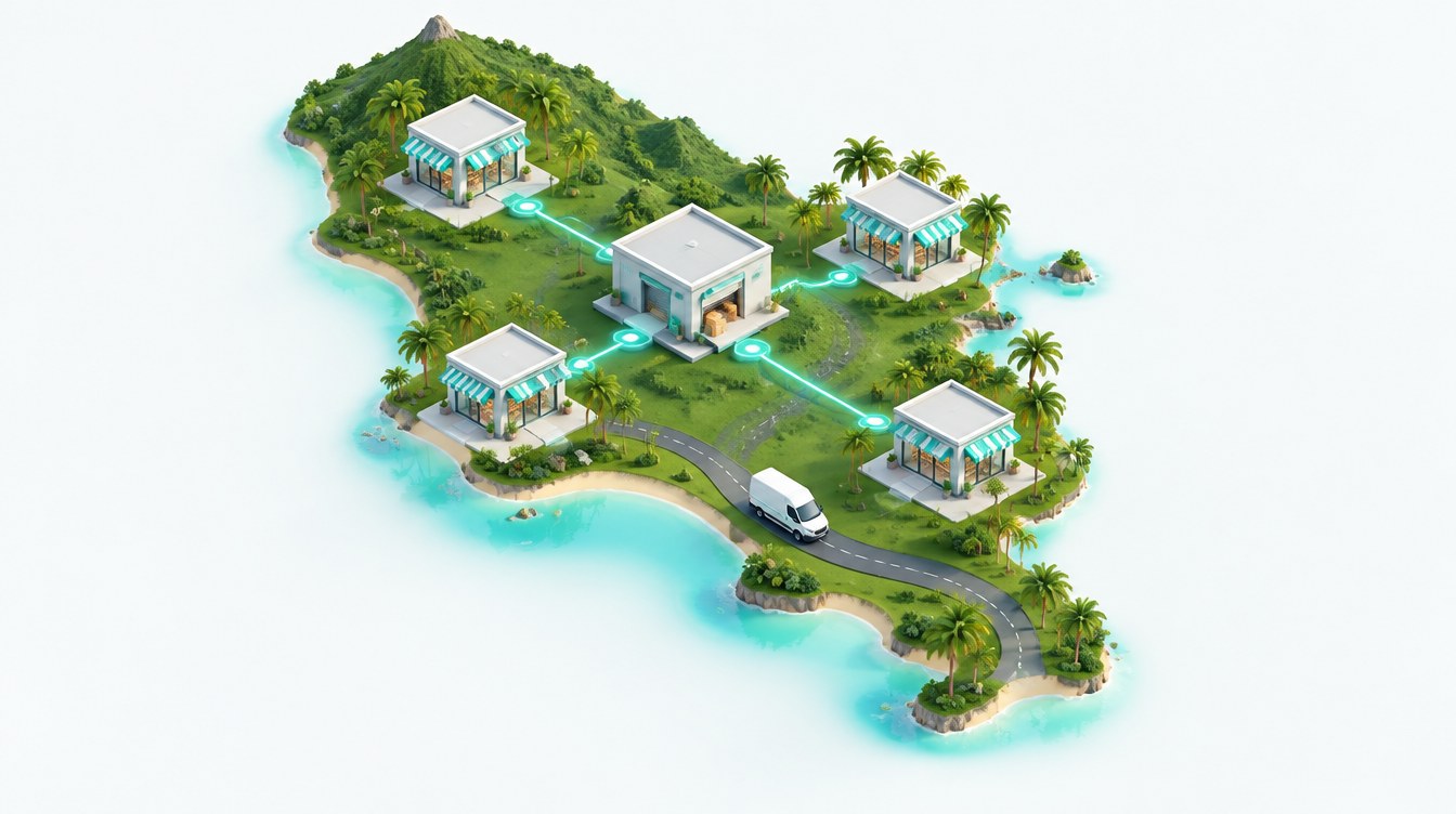 Illustration du réseau : un dépôt et quatre magasins sur l’île